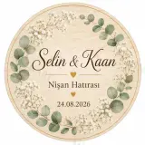 Kişiye Özel Ahşap Söz Nişan Nikah Düğün Kına Magneti, Okaliptus Yapraklı Beyaz Çiçekli Hatıra Magneti, Yuvarlak Ahşap Magnet