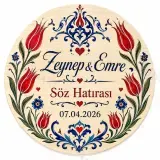 Kişiye Özel Söz Nişan Nikah Düğün Kına Magneti, Çini Desenli Mavi Kırmızı Hatıra Magneti, Yuvarlak Magnet