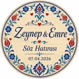 Kişiye Özel Ahşap Söz Nişan Nikah Düğün Kına Magneti, Çini Desenli Mavi Kırmızı Hatıra Magneti, Yuvarlak Ahşap Magnet