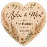 Kişiye Özel Ahşap Söz Nişan Nikah Düğün Kına Magneti, Pembe Çiçekli Hatıra Magneti, Yuvarlak Ahşap Magnet