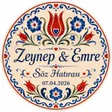 Kişiye Özel Söz Nişan Nikah Düğün Kına Magneti, Çini Desenli Mavi Kırmızı Hatıra Magneti, Yuvarlak Magnet
