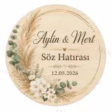 Kişiye Özel Ahşap Söz Nişan Nikah Düğün Kına Magneti, Gold Detaylı Hatıra Magneti, Yuvarlak Ahşap Magnet