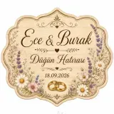 Kişiye Özel Ahşap Söz Nişan Nikah Düğün Kına Magneti, Pembe Çiçekli Hatıra Magneti, Dikdörtgen Ahşap Magnet
