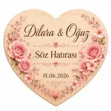 Kişiye Özel Ahşap Söz Nişan Nikah Düğün Kına Magneti, Kırmızı Detaylı Hatıra Magneti, Yuvarlak Ahşap Magnet