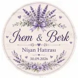 Kişiye Özel Söz Nişan Nikah Düğün Kına Magneti, Mor Çiçekli Hatıra Magneti, Yuvarlak Magnet