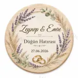 Kişiye Özel Ahşap Söz Nişan Nikah Düğün Kına Magneti, Pembe Çiçekli Hatıra Magneti, Yuvarlak Ahşap Magnet
