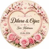 Kişiye Özel Ahşap Söz Nişan Nikah Düğün Kına Magneti, Kırmızı Detaylı Hatıra Magneti, Yuvarlak Ahşap Magnet