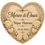 Kişiye Özel Ahşap Söz Nişan Nikah Düğün Kına Magneti, Gold Detaylı Hatıra Magneti, Kalp Ahşap Magnet