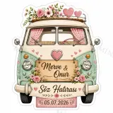 Kişiye Özel Vintage Minibüs Magneti, Çiçekli Söz Nişan Düğün Hatırası, Özel Kesim Magnet