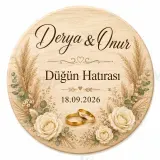 Kişiye Özel Ahşap Söz Nişan Nikah Düğün Kına Magneti, Gold Detaylı Hatıra Magneti, Yuvarlak Ahşap Magnet