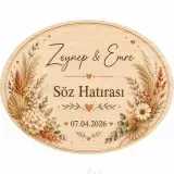 Kişiye Özel Ahşap Söz Nişan Nikah Düğün Kına Magneti, Pembe Çiçekli Hatıra Magneti, Dikdörtgen Ahşap Magnet
