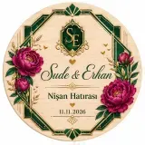 Kişiye Özel Ahşap Söz Nişan Nikah Düğün Kına Magneti, Kırmızı Detaylı Hatıra Magneti, Yuvarlak Ahşap Magnet