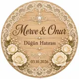 Kişiye Özel Ahşap Söz Nişan Nikah Düğün Kına Magneti, Dantelli İnci ve Krem Gül Detaylı Hatıra Magneti, Yuvarlak Ahşap Magnet