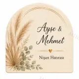 Kişiye Özel Ahşap Söz Nişan Nikah Düğün Kına Magneti, Gold Detaylı Hatıra Magneti, Yuvarlak Ahşap Magnet