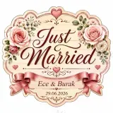 Kişiye Özel Just Married Magneti, Çiçekli Düğün Hatırası, Özel Kesim Magnet
