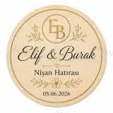 Kişiye Özel Ahşap Söz Nişan Nikah Düğün Kına Magneti, Gold Detaylı Hatıra Magneti, Yuvarlak Ahşap Magnet