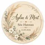 Kişiye Özel Ahşap Söz Nişan Nikah Düğün Kına Magneti, Gold Detaylı Hatıra Magneti, Yuvarlak Ahşap Magnet
