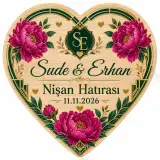 Kişiye Özel Ahşap Söz Nişan Nikah Düğün Kına Magneti, Kırmızı Detaylı Hatıra Magneti, Yuvarlak Ahşap Magnet