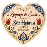 Kişiye Özel Ahşap Söz Nişan Nikah Düğün Kına Magneti, Çini Desenli Mavi Kırmızı Hatıra Magneti, Kalp Ahşap Magnet