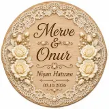 Kişiye Özel Ahşap Söz Nişan Nikah Düğün Kına Magneti, Pembe Çiçekli Hatıra Magneti, Yuvarlak Ahşap Magnet
