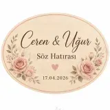 Kişiye Özel Ahşap Söz Nişan Nikah Düğün Kına Magneti, Pembe Çiçekli Hatıra Magneti, Dikdörtgen Ahşap Magnet