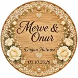 Kişiye Özel Ahşap Söz Nişan Nikah Düğün Kına Magneti, Pembe Çiçekli Hatıra Magneti, Yuvarlak Ahşap Magnet