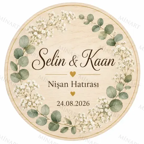 Kişiye Özel Ahşap Söz Nişan Nikah Düğün Kına Magneti, Okaliptus Yapraklı Beyaz Çiçekli Hatıra Magneti, Yuvarlak Ahşap Magnet