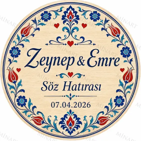 Kişiye Özel Ahşap Söz Nişan Nikah Düğün Kına Magneti, Çini Desenli Mavi Kırmızı Hatıra Magneti, Yuvarlak Ahşap Magnet
