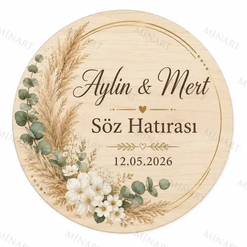 Kişiye Özel Ahşap Söz Nişan Nikah Düğün Kına Magneti, Gold Detaylı Hatıra Magneti, Yuvarlak Ahşap Magnet
