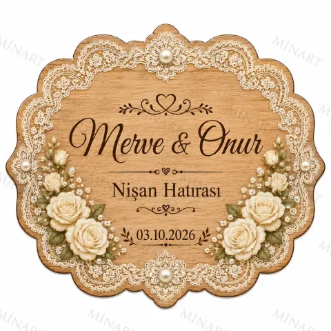 Kişiye Özel Ahşap Söz Nişan Nikah Düğün Kına Magneti, Gold Detaylı Hatıra Magneti, Yuvarlak Ahşap Magnet
