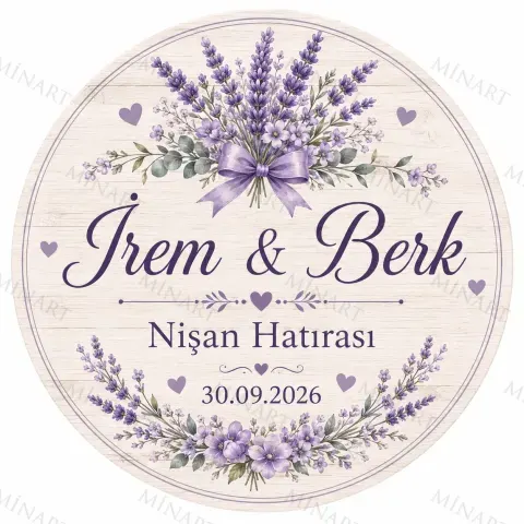 Kişiye Özel Söz Nişan Nikah Düğün Kına Magneti, Mor Çiçekli Hatıra Magneti, Yuvarlak Magnet