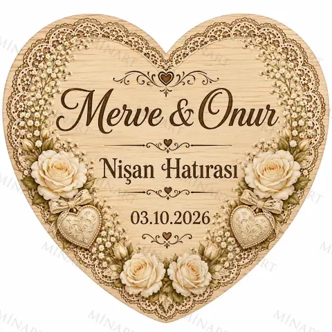 Kişiye Özel Ahşap Söz Nişan Nikah Düğün Kına Magneti, Gold Detaylı Hatıra Magneti, Kalp Ahşap Magnet