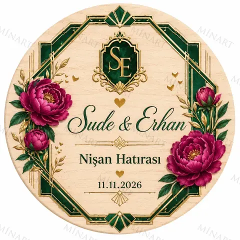 Kişiye Özel Ahşap Söz Nişan Nikah Düğün Kına Magneti, Kırmızı Detaylı Hatıra Magneti, Yuvarlak Ahşap Magnet