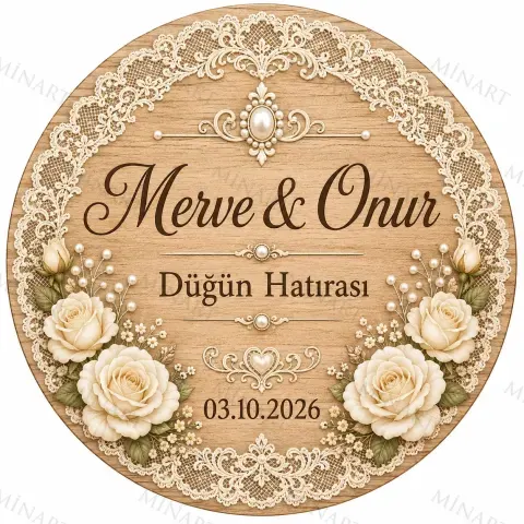 Kişiye Özel Ahşap Söz Nişan Nikah Düğün Kına Magneti, Dantelli İnci ve Krem Gül Detaylı Hatıra Magneti, Yuvarlak Ahşap Magnet