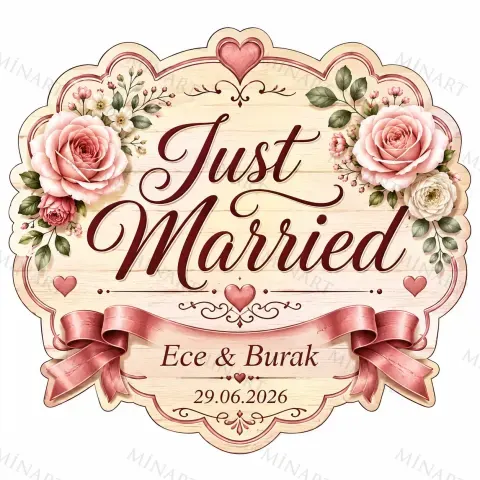 Kişiye Özel Just Married Magneti, Çiçekli Düğün Hatırası, Özel Kesim Magnet