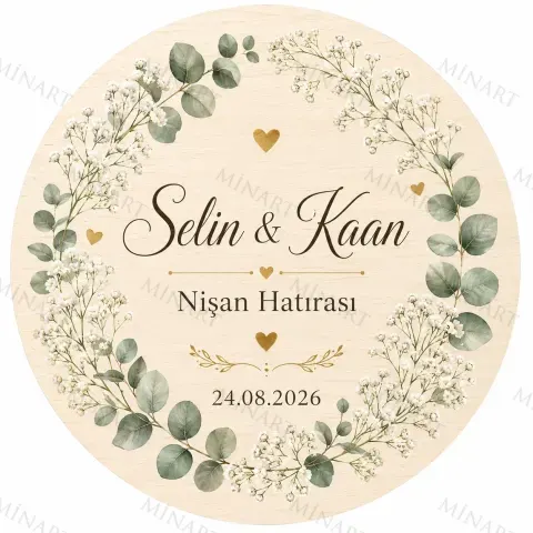 Kişiye Özel Söz Nişan Nikah Düğün Kına Magneti, Gold Detaylı Hatıra Magneti, Yuvarlak Magnet