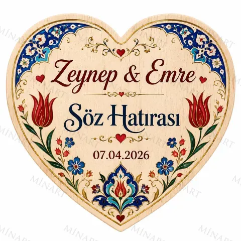 Kişiye Özel Ahşap Söz Nişan Nikah Düğün Kına Magneti, Çini Desenli Mavi Kırmızı Hatıra Magneti, Kalp Ahşap Magnet