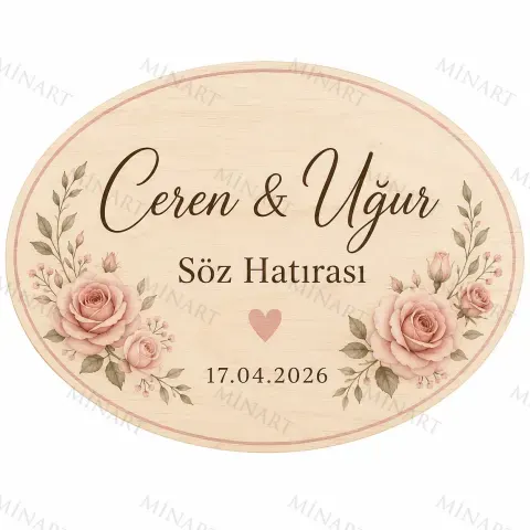 Kişiye Özel Ahşap Söz Nişan Nikah Düğün Kına Magneti, Pembe Çiçekli Hatıra Magneti, Dikdörtgen Ahşap Magnet