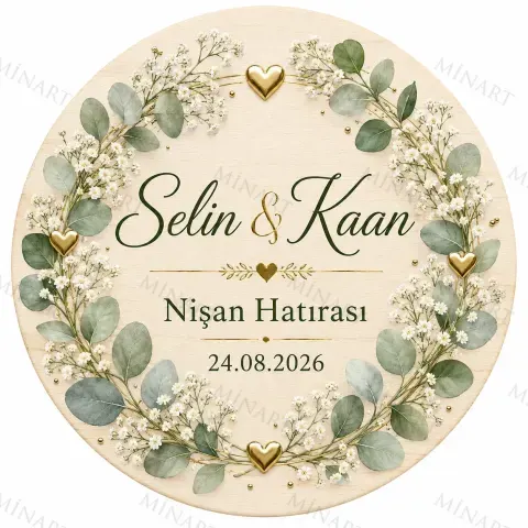 Kişiye Özel Ahşap Söz Nişan Nikah Düğün Kına Magneti, Gold Detaylı Hatıra Magneti, Yuvarlak Ahşap Magnet