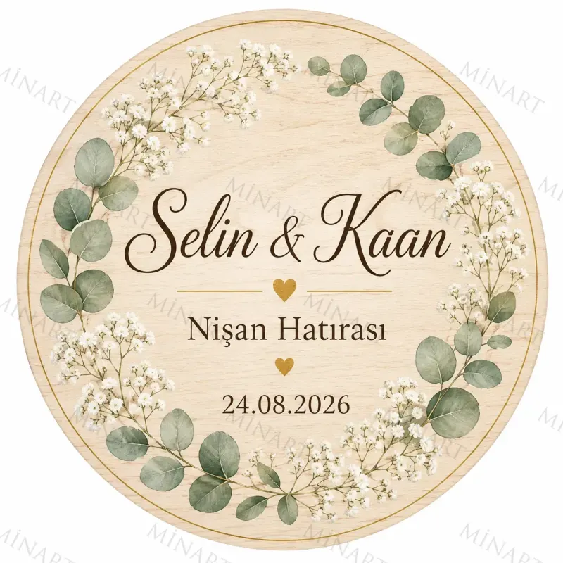 Kişiye Özel Ahşap Söz Nişan Nikah Düğün Kına Magneti, Okaliptus Yapraklı Beyaz Çiçekli Hatıra Magneti, Yuvarlak Ahşap Magnet