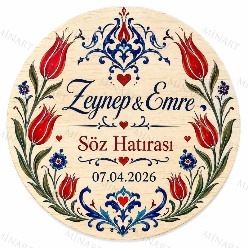 Kişiye Özel Söz Nişan Nikah Düğün Kına Magneti, Çini Desenli Mavi Kırmızı Hatıra Magneti, Yuvarlak Magnet
