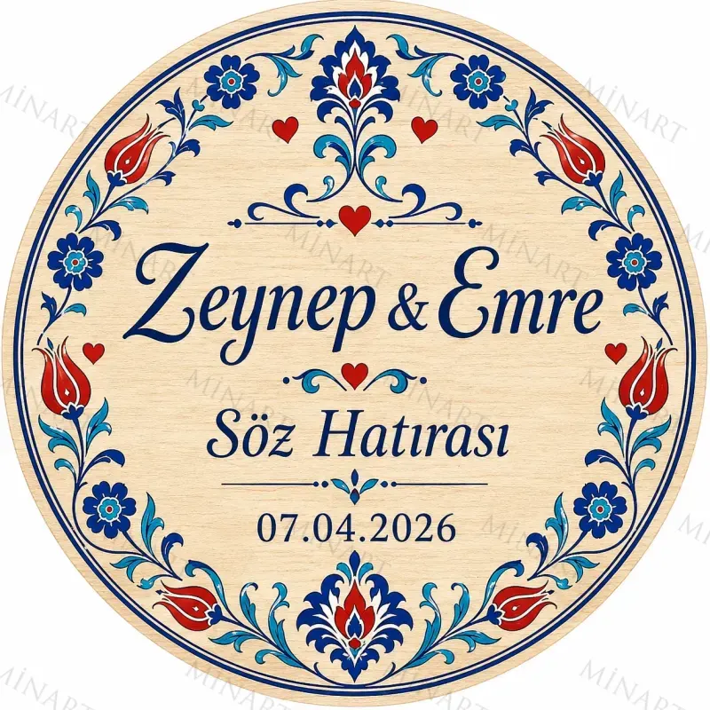 Kişiye Özel Ahşap Söz Nişan Nikah Düğün Kına Magneti, Çini Desenli Mavi Kırmızı Hatıra Magneti, Yuvarlak Ahşap Magnet