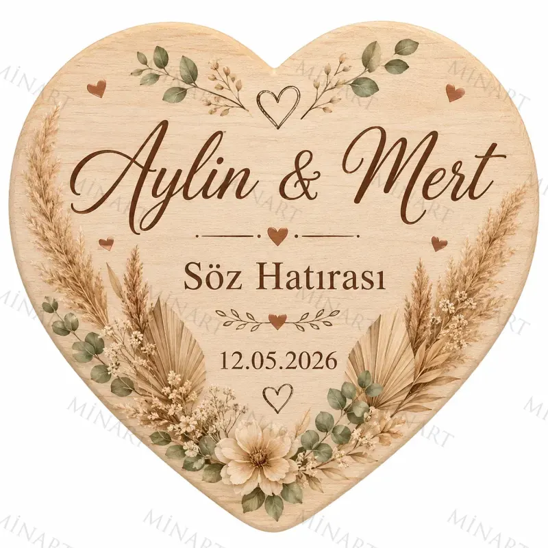 Kişiye Özel Ahşap Söz Nişan Nikah Düğün Kına Magneti, Pembe Çiçekli Hatıra Magneti, Yuvarlak Ahşap Magnet