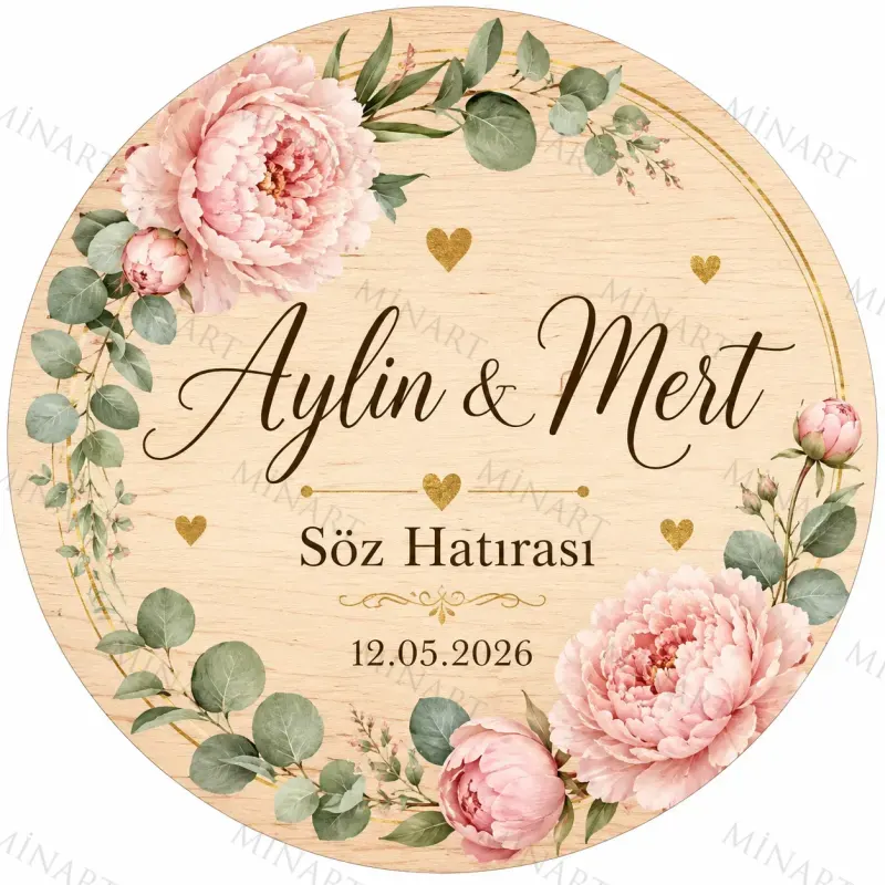 Kişiye Özel Söz Nişan Nikah Düğün Kına Magneti, Pembe Çiçekli Hatıra Magneti, Yuvarlak Magnet