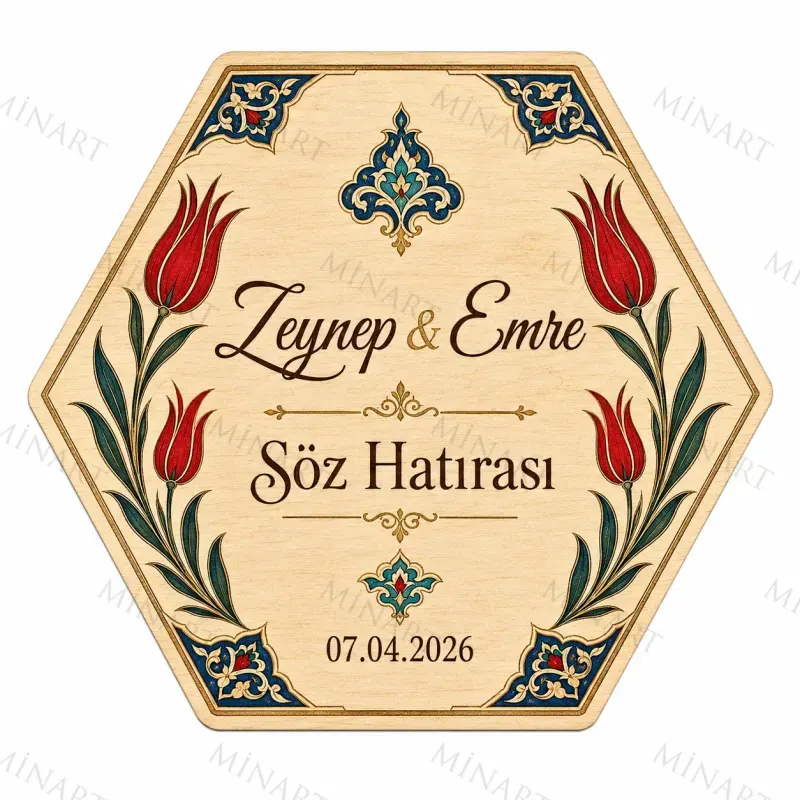 Kişiye Özel Ahşap Söz Nişan Nikah Düğün Kına Magneti, Mavi Çiçekli Hatıra Magneti, Yuvarlak Ahşap Magnet