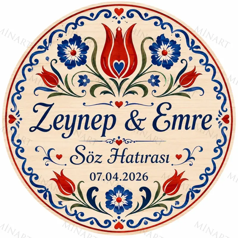 Kişiye Özel Söz Nişan Nikah Düğün Kına Magneti, Çini Desenli Mavi Kırmızı Hatıra Magneti, Yuvarlak Magnet