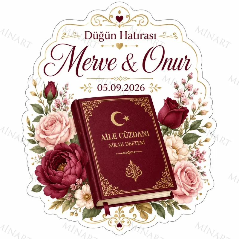 Kişiye Özel Nikah Defteri Magneti, Çiçekli Söz Nişan Düğün Hatırası, Özel Kesim Magnet