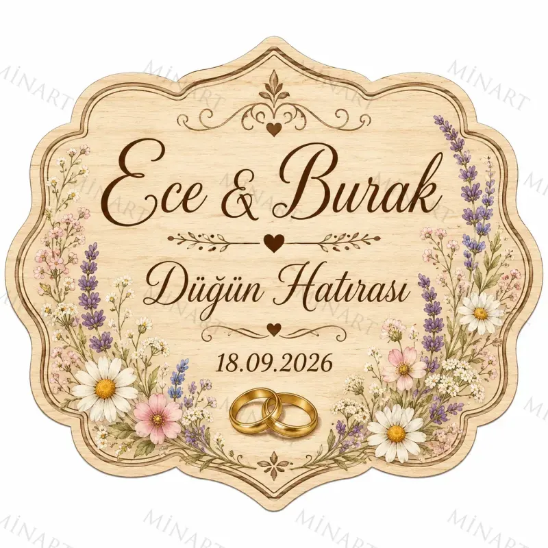 Kişiye Özel Ahşap Söz Nişan Nikah Düğün Kına Magneti, Pembe Çiçekli Hatıra Magneti, Dikdörtgen Ahşap Magnet