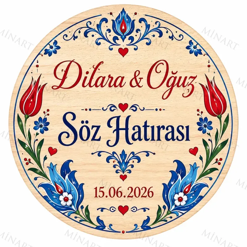 Kişiye Özel Söz Nişan Nikah Düğün Kına Magneti, Çini Desenli Mavi Kırmızı Hatıra Magneti, Yuvarlak Magnet