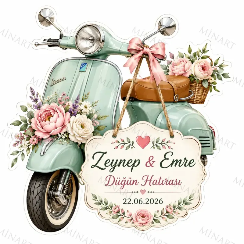 Kişiye Özel Scooter Magneti, Çiçekli Düğün Hatırası, Özel Kesim Magnet